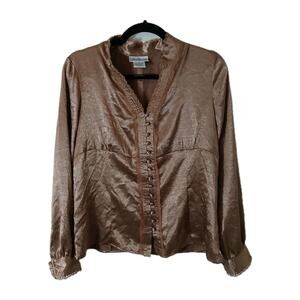 J Marco Vintage Blouse 12 Brown Satin Lace Pearl Trim Button Front Romantic